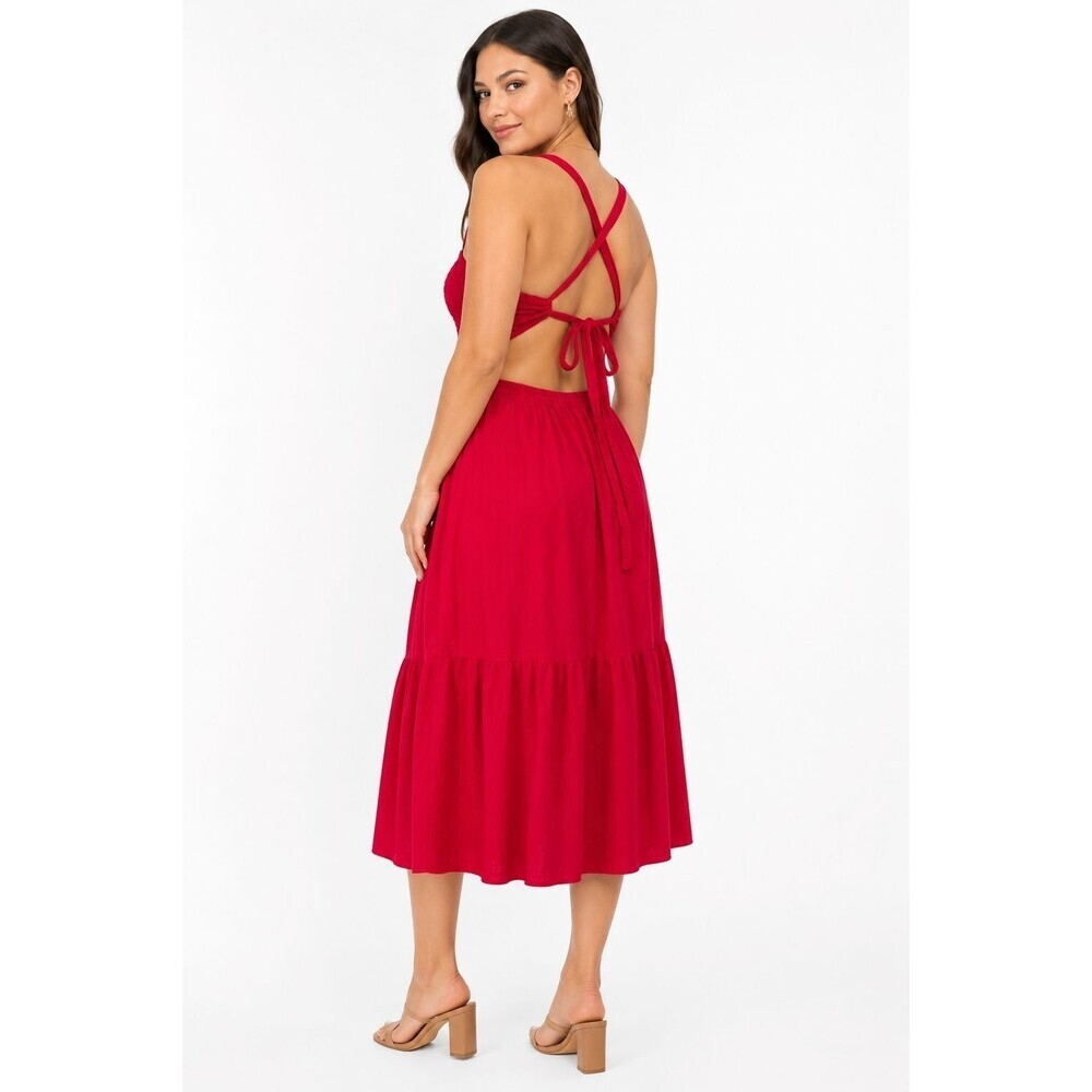 Altar’d State Womens Red Smocked Midi Sundress Open Bacl Tiered Size XL
